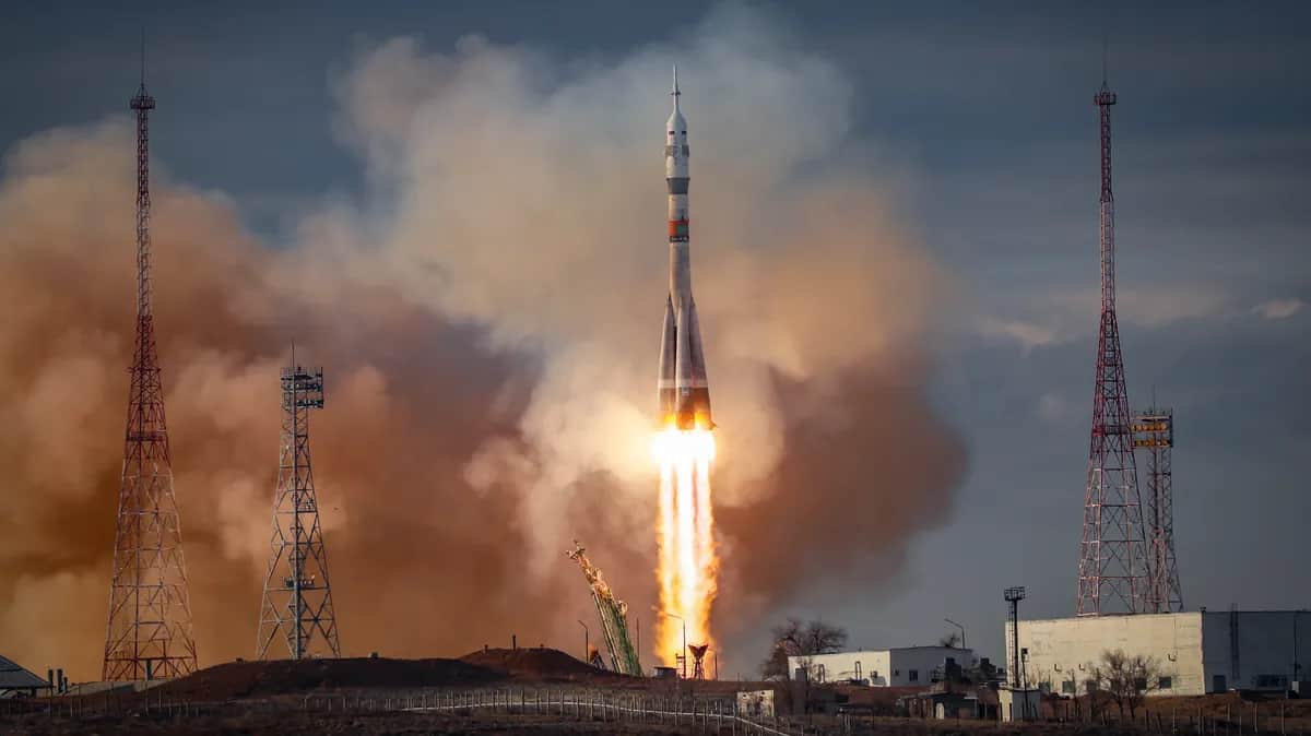 A Soyuz MS-25 spacecraft bound for the International Space Station lifts off from the Baikonur cosmodrome in Kazakhstan, 23 March 2024. Photo: EPA-EFE/YURI KOCHETKOV