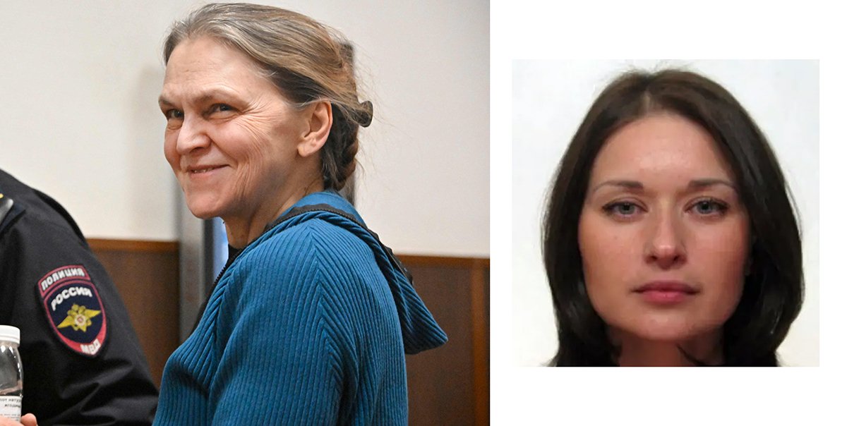 Слева: российская журналистка Надежда Кеворкова на судебном заседании в Москве 22 ноября 2024 года. Фото: Александр Неменов / AFP / Scanpix / LETA Справа: судья Елена Ленская. Фото: black-book.wiki