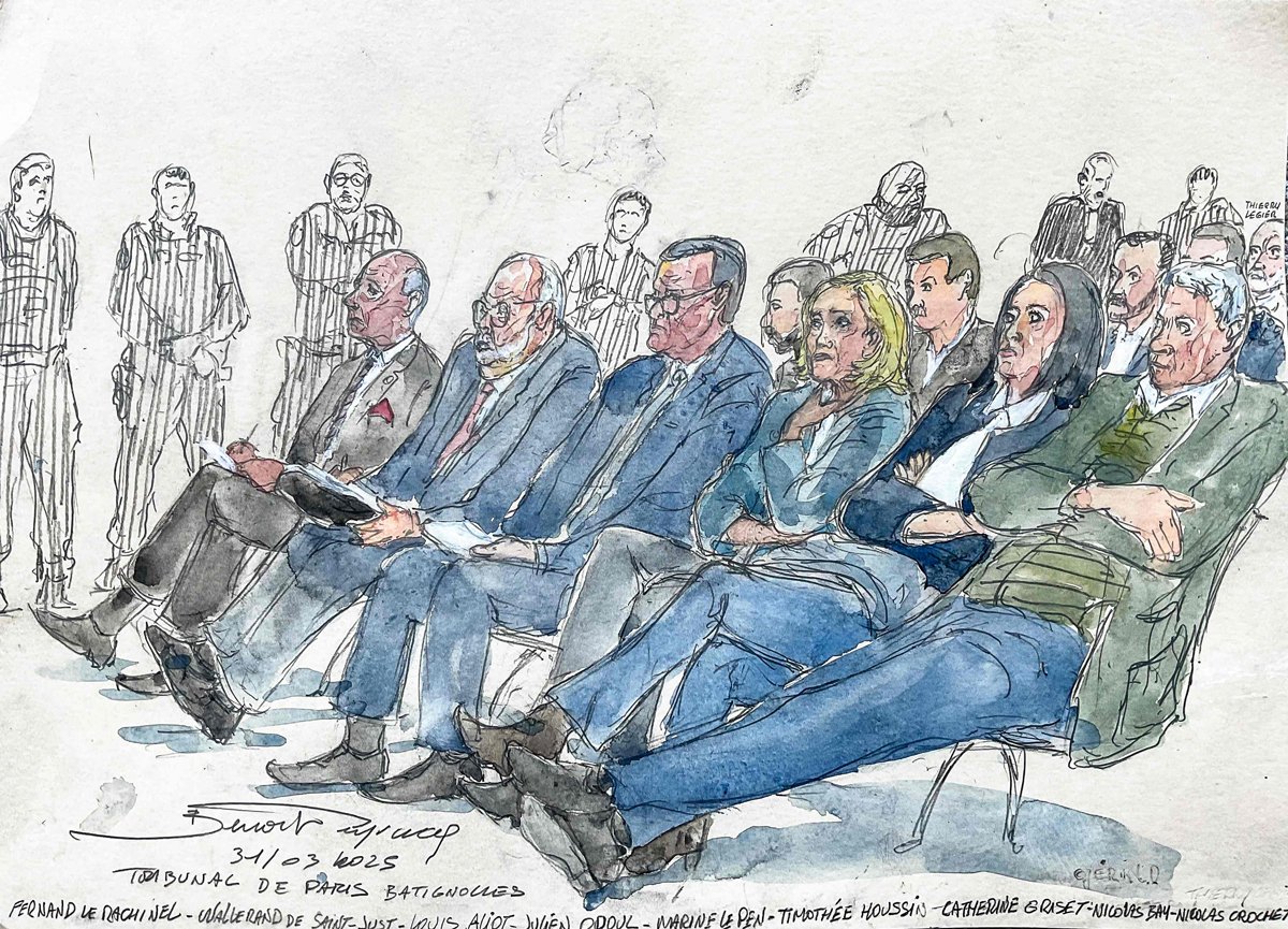 Судебный рисунок с Марин Ле Пен и другими фигурантами дела о хищении средств ЕС в парижском суде, 31 марта 2025 года. Фото: Benoit Peyrucq / AFP / Scanpix / LETA