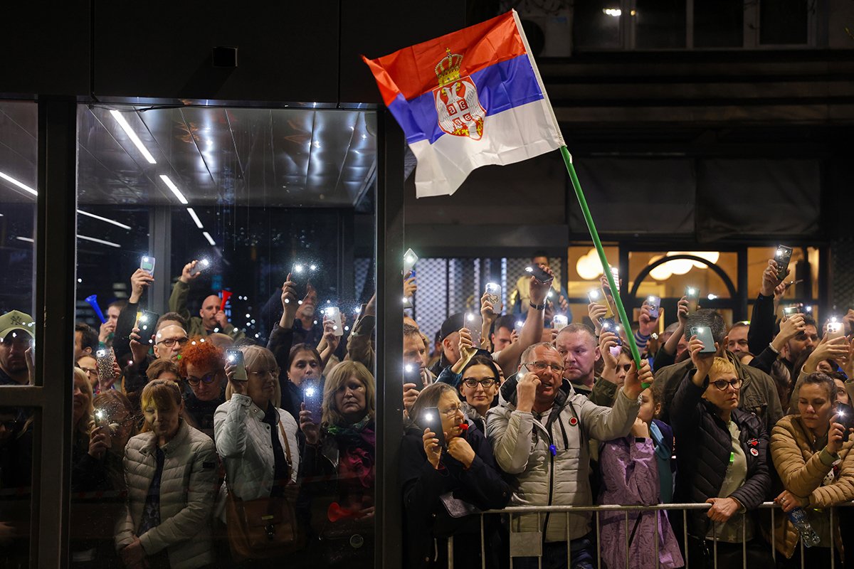 Антиправительственный протест в Белграде, Сербия, 14 марта 2025 года. Фото: Andrej Cukic / EPA-EFE